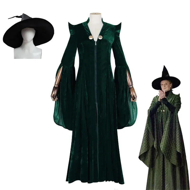 

Lyou 2025 Professor Minerva McGonagall Dark Green Dress Robe Cape Hat Velvet Cosplay Costume Halloween Carn ★ ★ ★ kk.