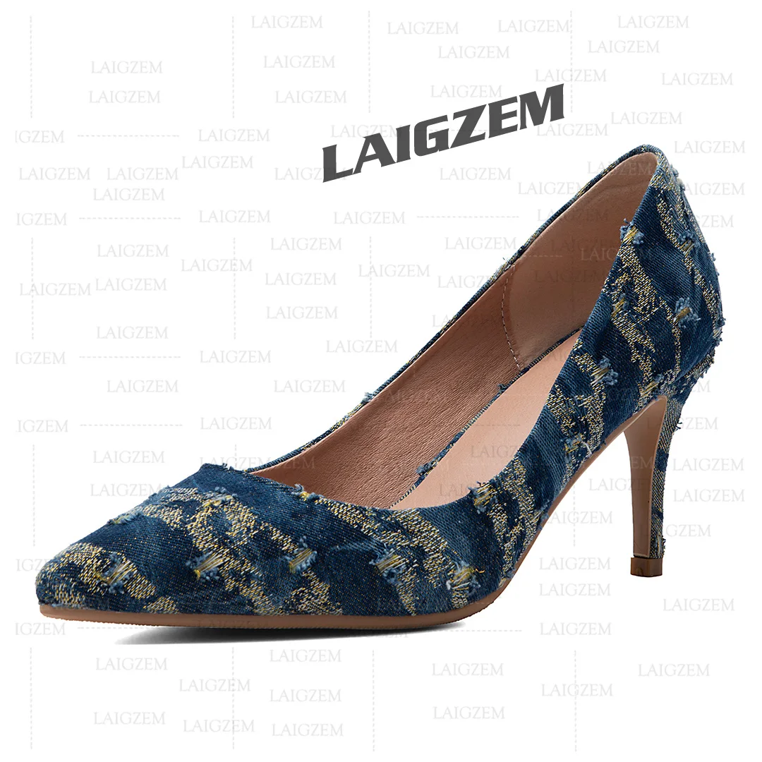 LAIGZEM Women Pumps Pointed Toe 7.5CM Thin High Heels Sandals Denim Party Handmade Ladies Shoes Woman Large Size 39 41 43 47