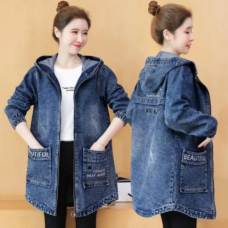 Imagem -04 - Coreano Bordado Carta Denim Windbreak Cabolsa Feminino Primavera Outono com Capuz com Zíper Cabolsas Novo Solto Casual Jeans Jaquetas Femininas