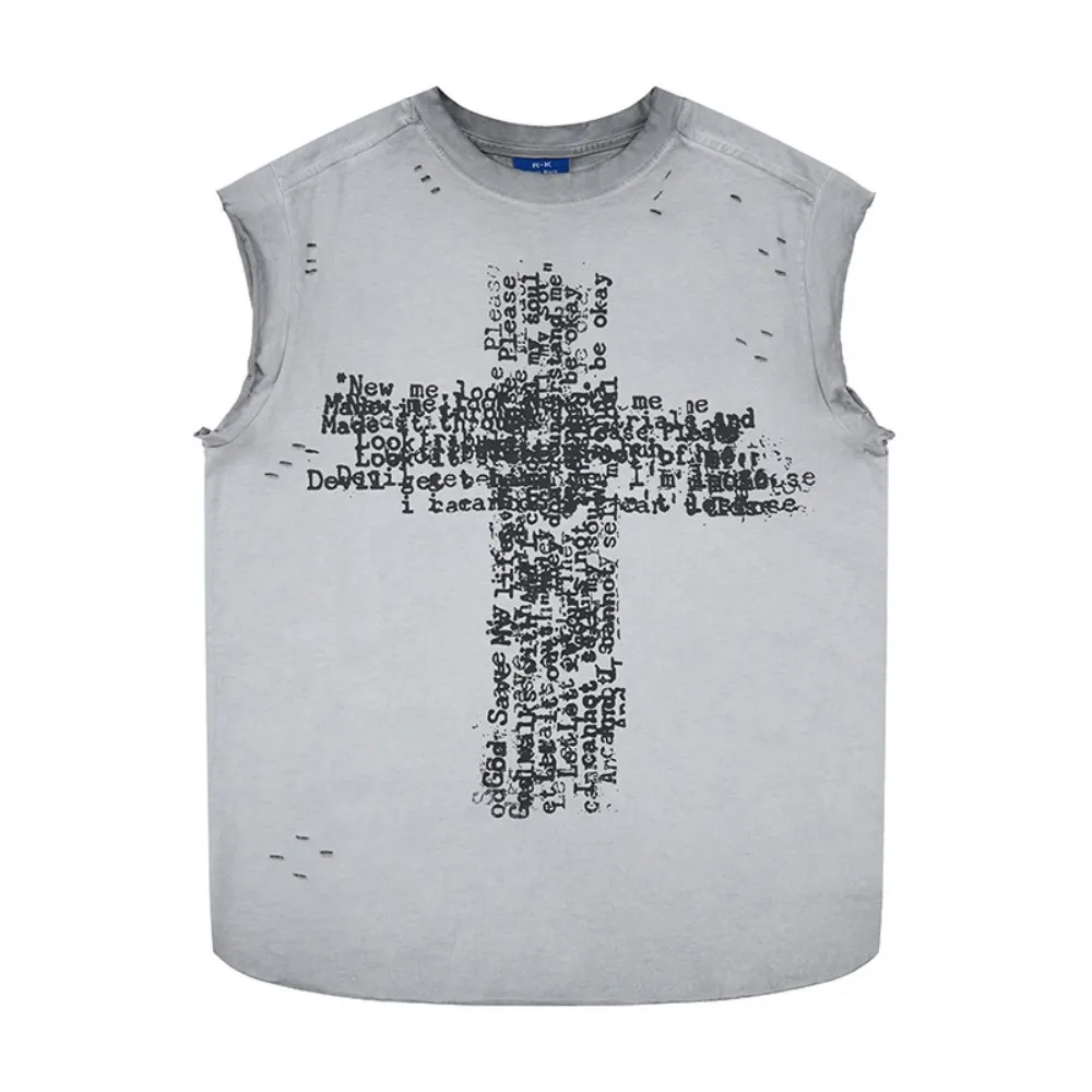 2026 Summer Ripped Tank Top Man Washed Streetwear Y2k Sleeveless T Shirt Tees Cross Printed Cotton Baggy Clothes Tops Distressed
