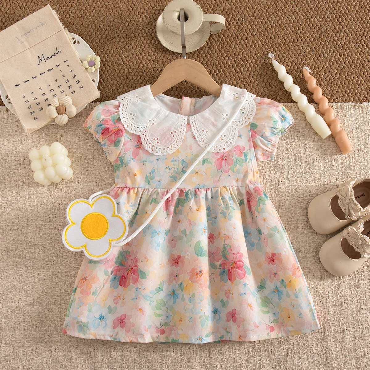 Summer Toddler Girl Dress Oil Painting Floral Pattern Lace Collar Short Sleeve Dress with Bag Girls Garden Party Clothing