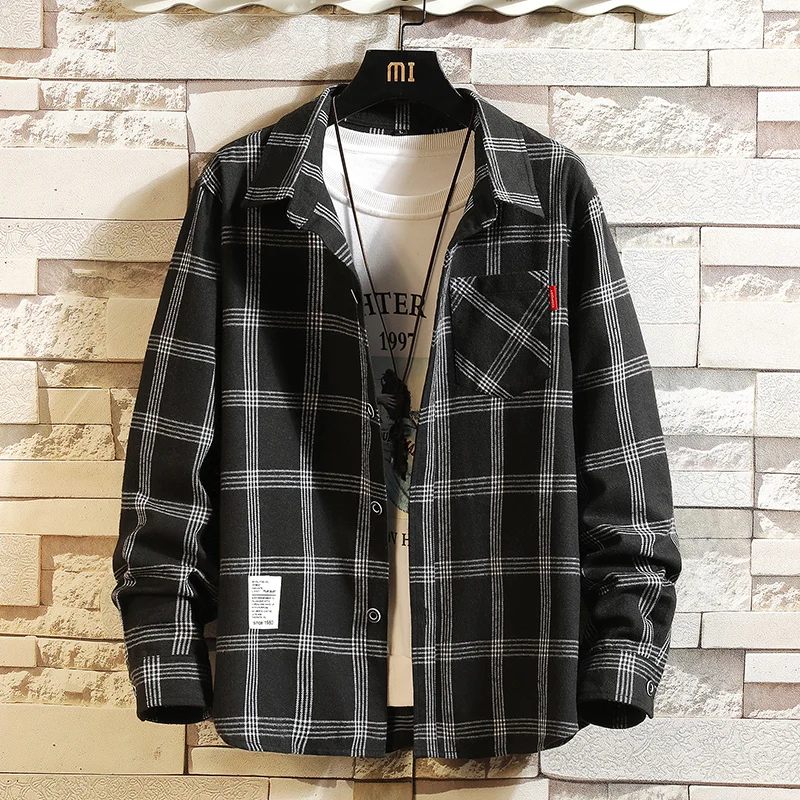 2025 Summer Men\'s Plaid Shirt Button Pocket Casual Fashion Elegant Long sleeve Shirt Turn Down Collar