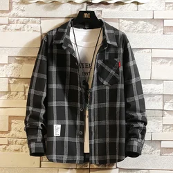 2025 Summer Men's Plaid Shirt Button Pocket Casual Fashion Elegant Long sleeve Shirt Turn Down Collar