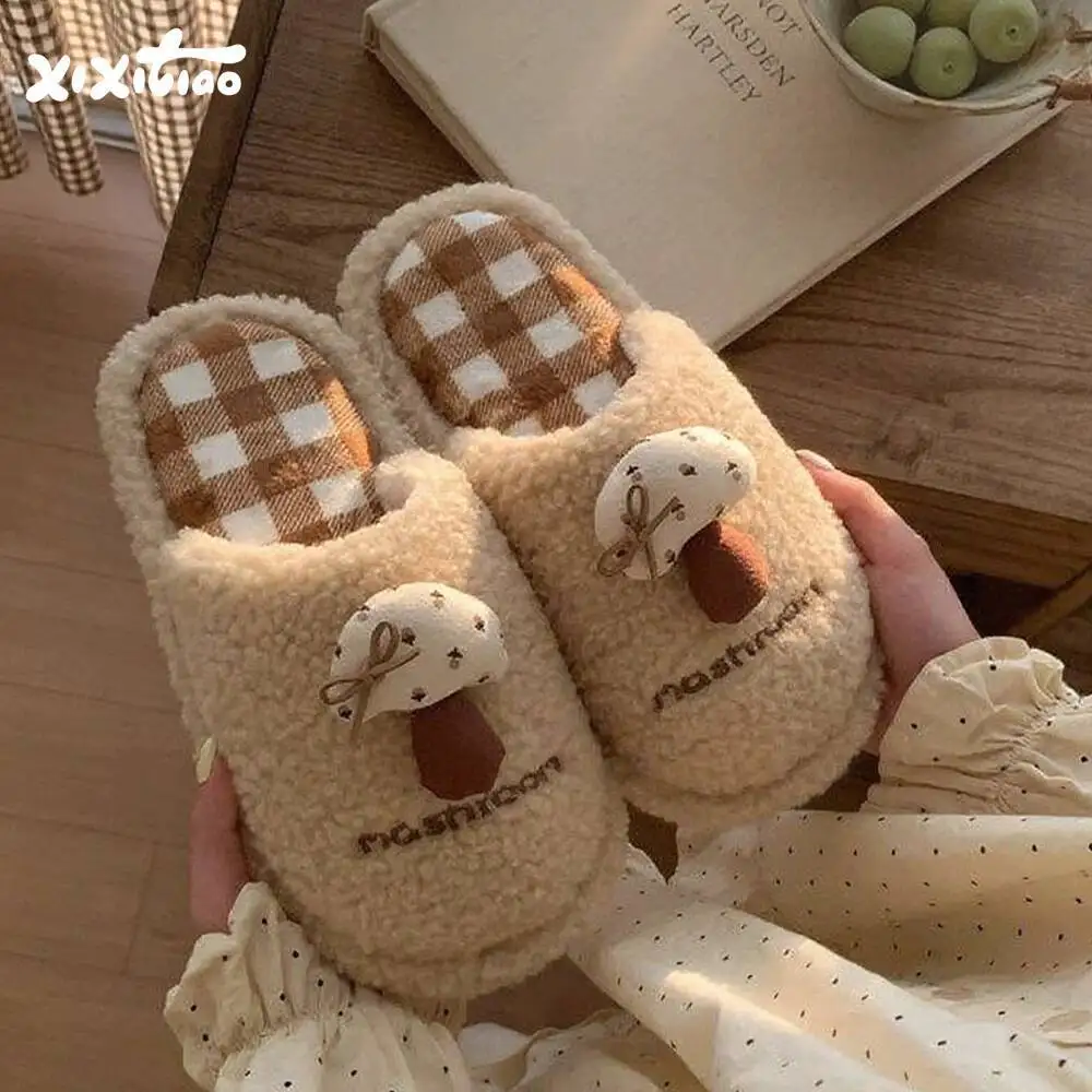 

Women's Autumn Winter Fuzzy Home Slippers Color Block Plaid Cute Mushroom Design Indoor Household Cotton Slippers Non Slip Warm