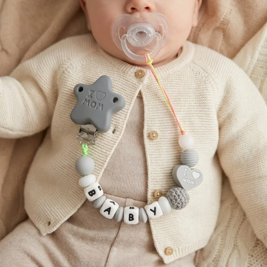 BPA Free Personalized Pacifier Clip Grey Silicone Baby Teether Holder Custom Name Handmade Dummy Chain Boys Shower Gift