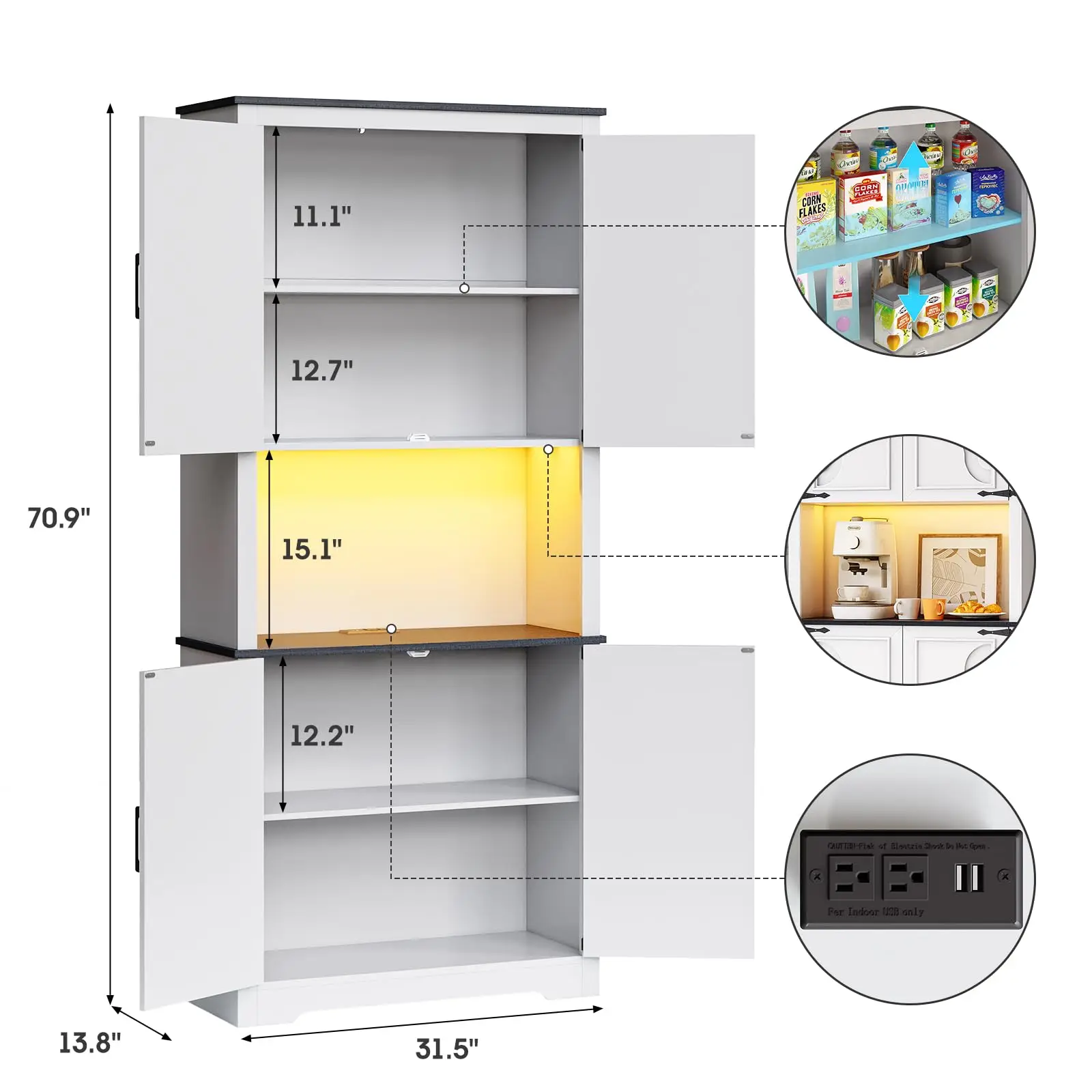 Vabches Kitchen Pantry Storage Cabinet 71''H Farmhouse Pantry Cabinet with LED Lights&Charging Station&4 Door&Adjustable Shelves