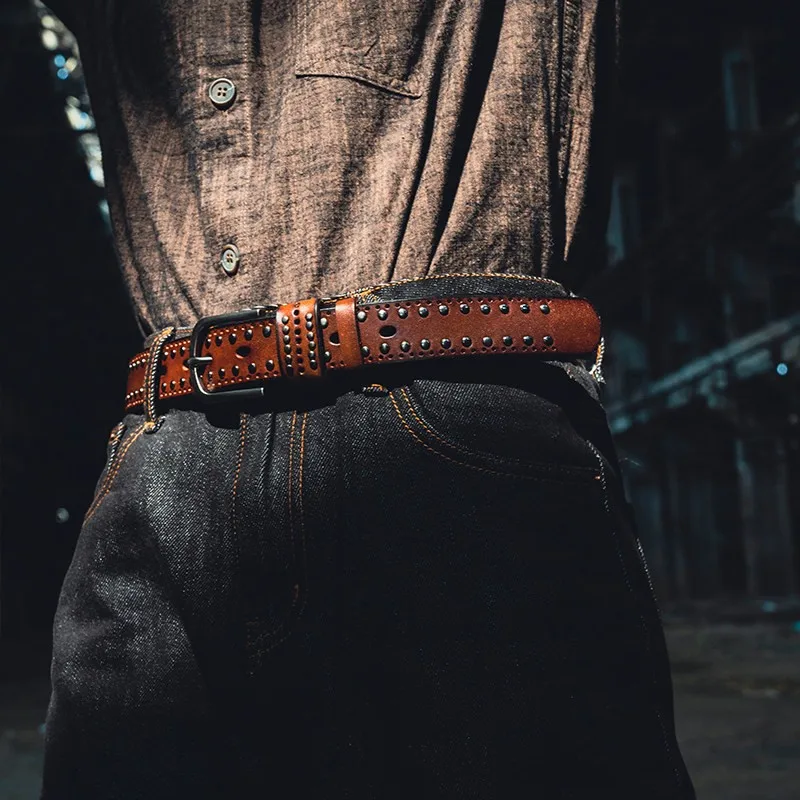 

Retro Top Layer Leather Rivet Punk Belt Heavy Duty Hip Hop Motorcycle Rock Genuine Leather Adjustable Personalized Waist Belt