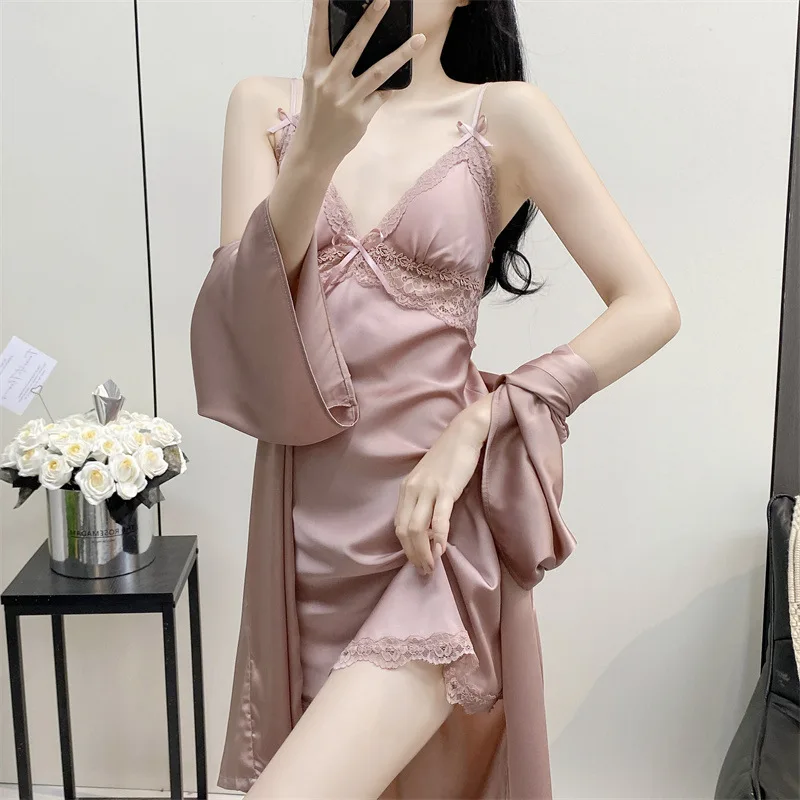 

Women's Spring and Summer New Sexy Solid Colour Lace Nightgown Robe Ice Silk Halter Nightgown with Corset Pajamas Homewear