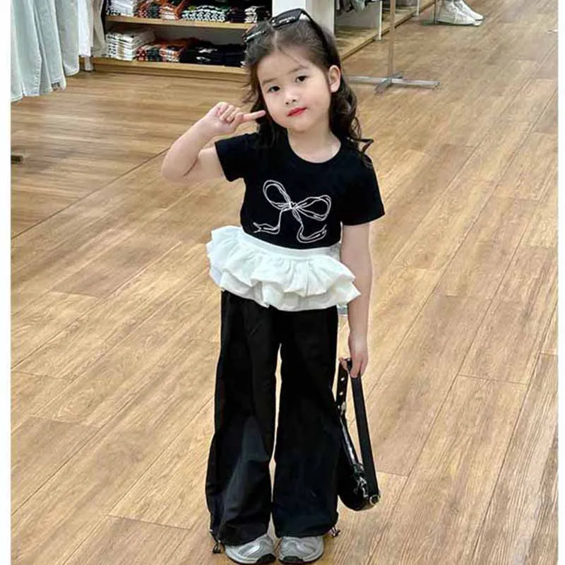 Girls Bow Clothing Sets Children's Fashion Tops Suit Baby Knotbow Short-Sleeve Tops+Pants 2Pcs New Summer Sweet Kids Clothes