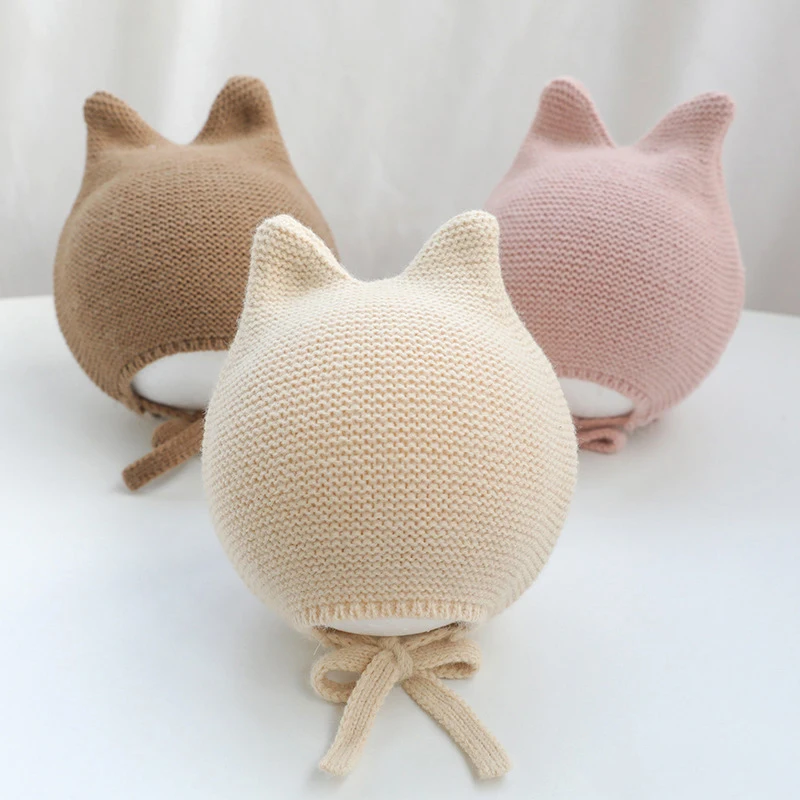 

Cute Baby Ear Protection Hat Autumn Winter Warm Knitted Bonnet Cap Solid Color Toddler Boy Girl Earmuffs Beanie