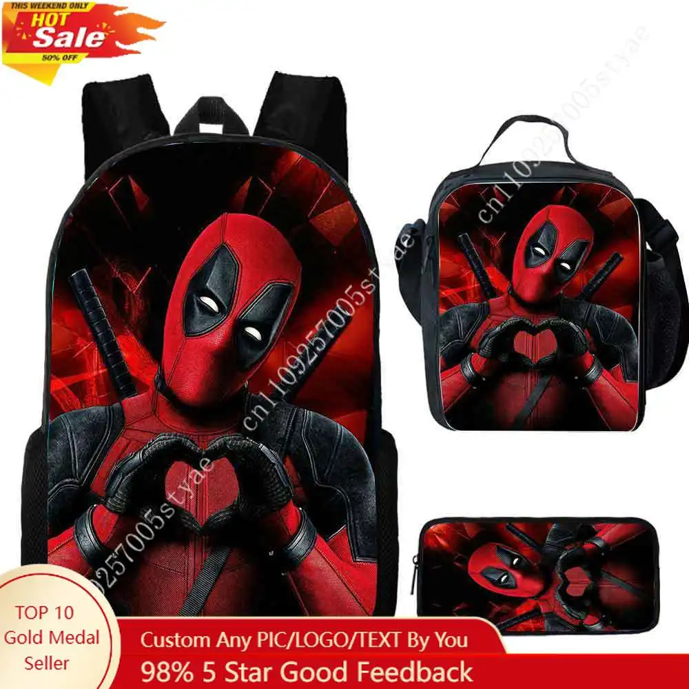 

Рюкзак Deadpool Marvel, набор из 3 предметов: повседневная сумка, школьный рюкзак, сумка для обеда, пенал.