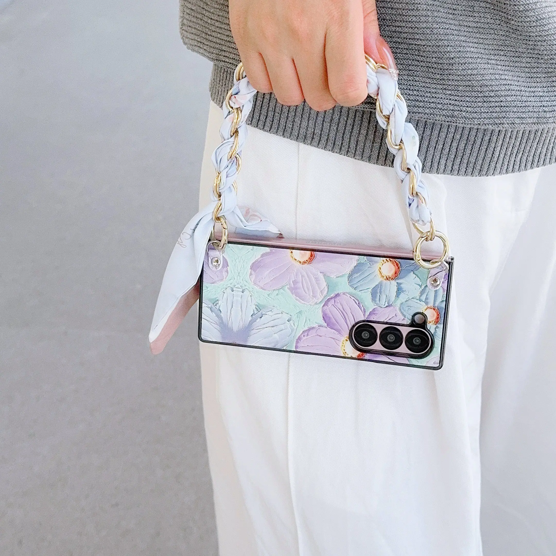 

Цветочный чехол из искусственной кожи с защитой от петли и шарфа, браслет-цепочка на запястье для Samsung Galaxy Z Fold 6, 5 4, 3 5G, чехол для телефона