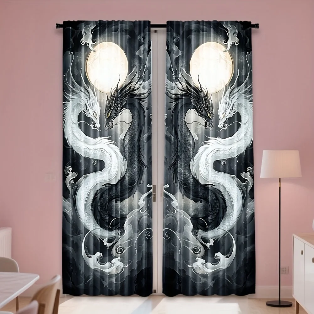 Gothic Dragon Moon Curtain Drapes Fantasy Mythological Window Curtains Home Decoration for Living Room Bedroom Accent