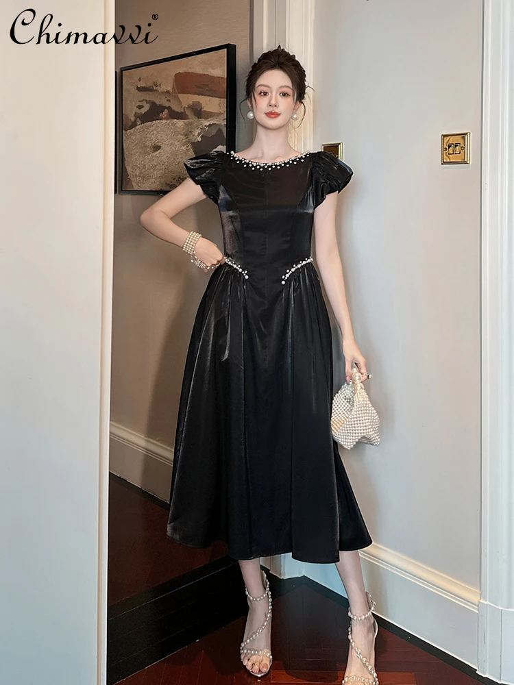 

French Elegance Temperament Beaded Round Neck Bubble Sleeves High Waist Slim A-line Black Evening Party Long Dress Women Summer