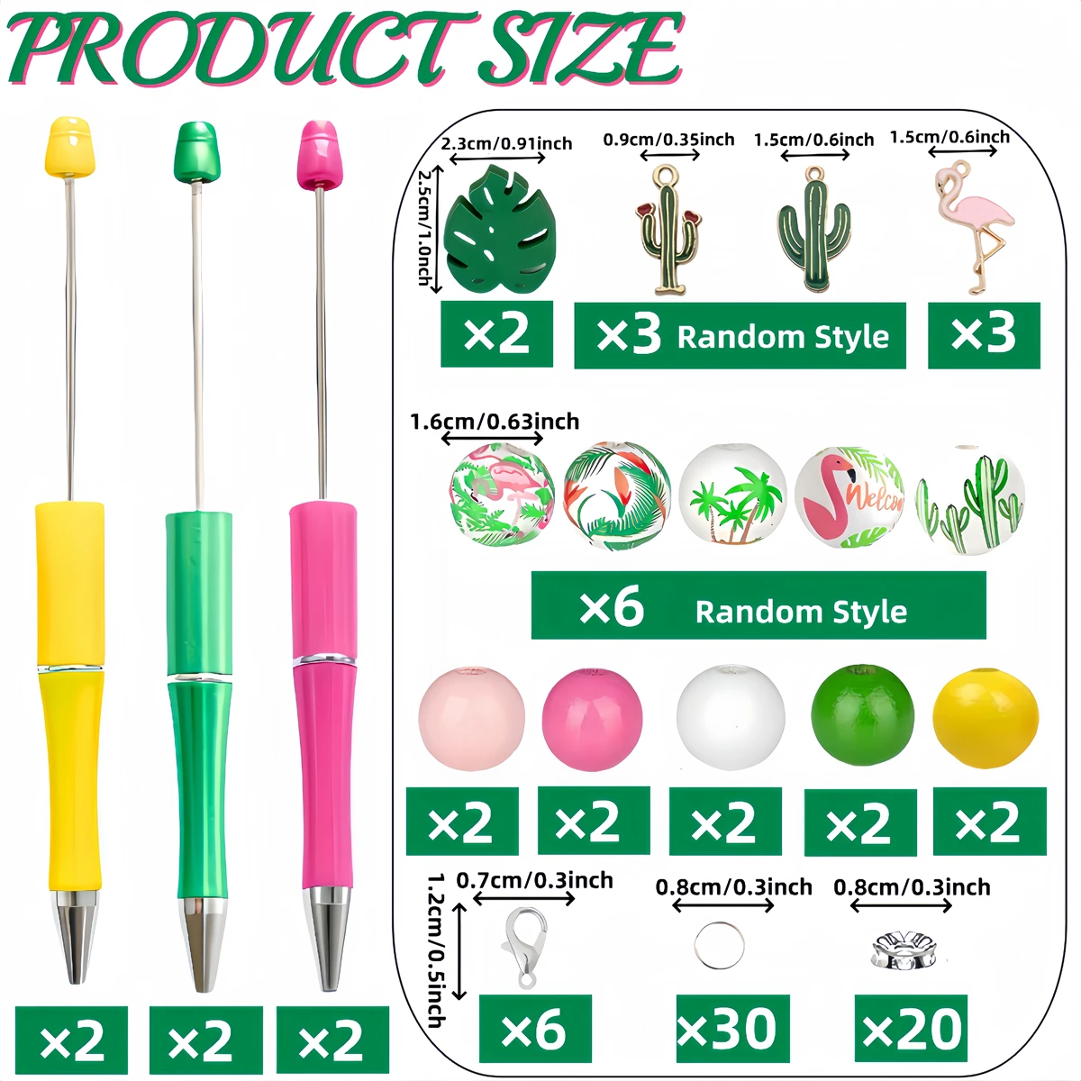 6PC/9PCS flamingo theme DIY bead ballpoint pen and wood bead alloy pendant set, paired with colorful flamingo and hardwood beads