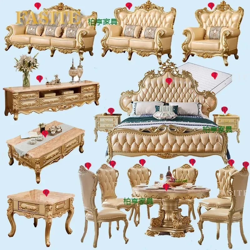 For European Style Luxury Leather Sofa Set High End Living Room Furniture American Combination Whole House Atmosphere