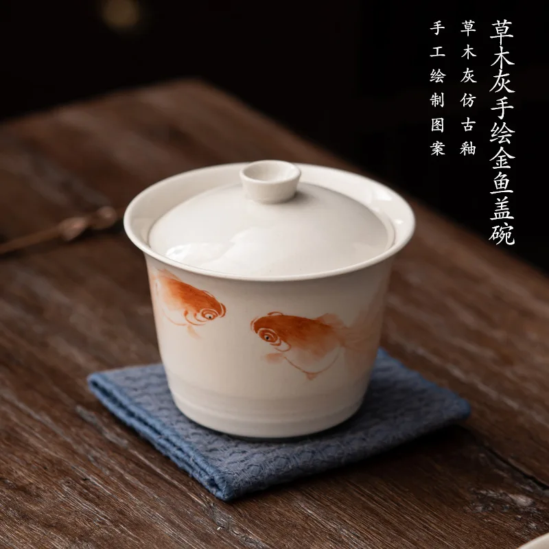 

Glaze Hand Painted Goldfish Cover Bowl Household Ceramic Three Only Cover Bowl Handwritten Poem Worship Tea Bowl Teacup