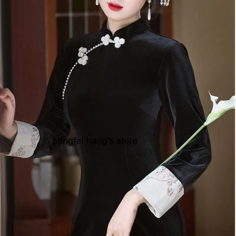 Autumn Women Velvet Qipao Dress Mandarin Collar Vintage Button Beaded Sexy Elegant Chinese Cheongsam Wedding Gown Plus Size 3Xl