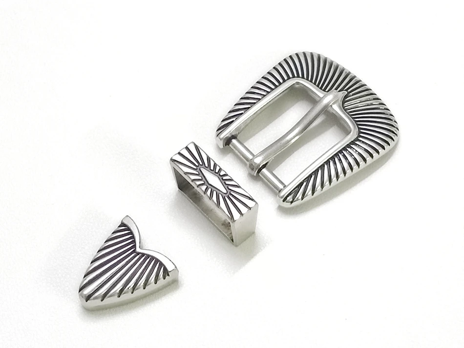 New American-style antique silver three-piece high-end belt buckle set, 25mm, unisex, silver-plated pin buckle