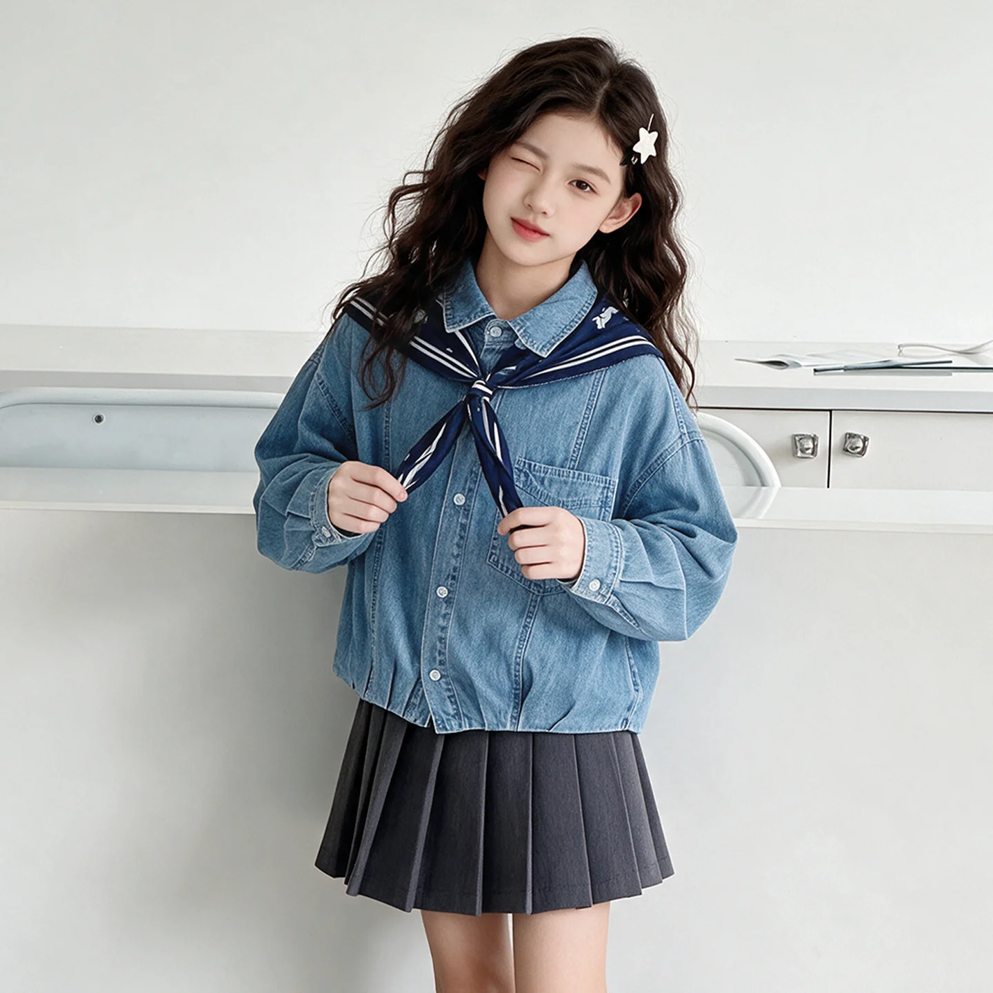 Children Fashion Denim Jacket with Front Pocket for Teens Girl Casual Spring Autumn Clothing Kids Trend Streetwear Denim Blouses