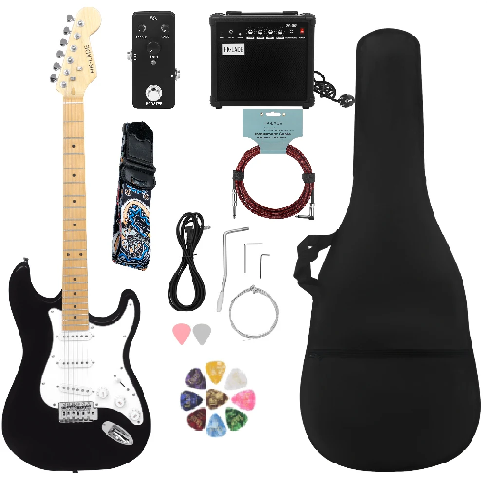 6 String Black Electric Guitar Campus Student Rock Band Trendy Play Electric Guitar Beginner Set Audio Connection Cable