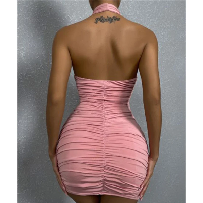 2024 Summer Women Chic Korean Style Vacation Dress Lady Sexy Solid Color Halter Backless Dress Female Designer Ruched Skirts