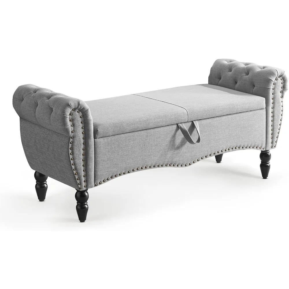 مقعد عثماني للتخزين لغرفة المعيشة - مقعد منجد لغرفة النوم الحديثة مع ذراع ملفوف، نهاية أثاث السرير، ديس موفر للمساحة #3