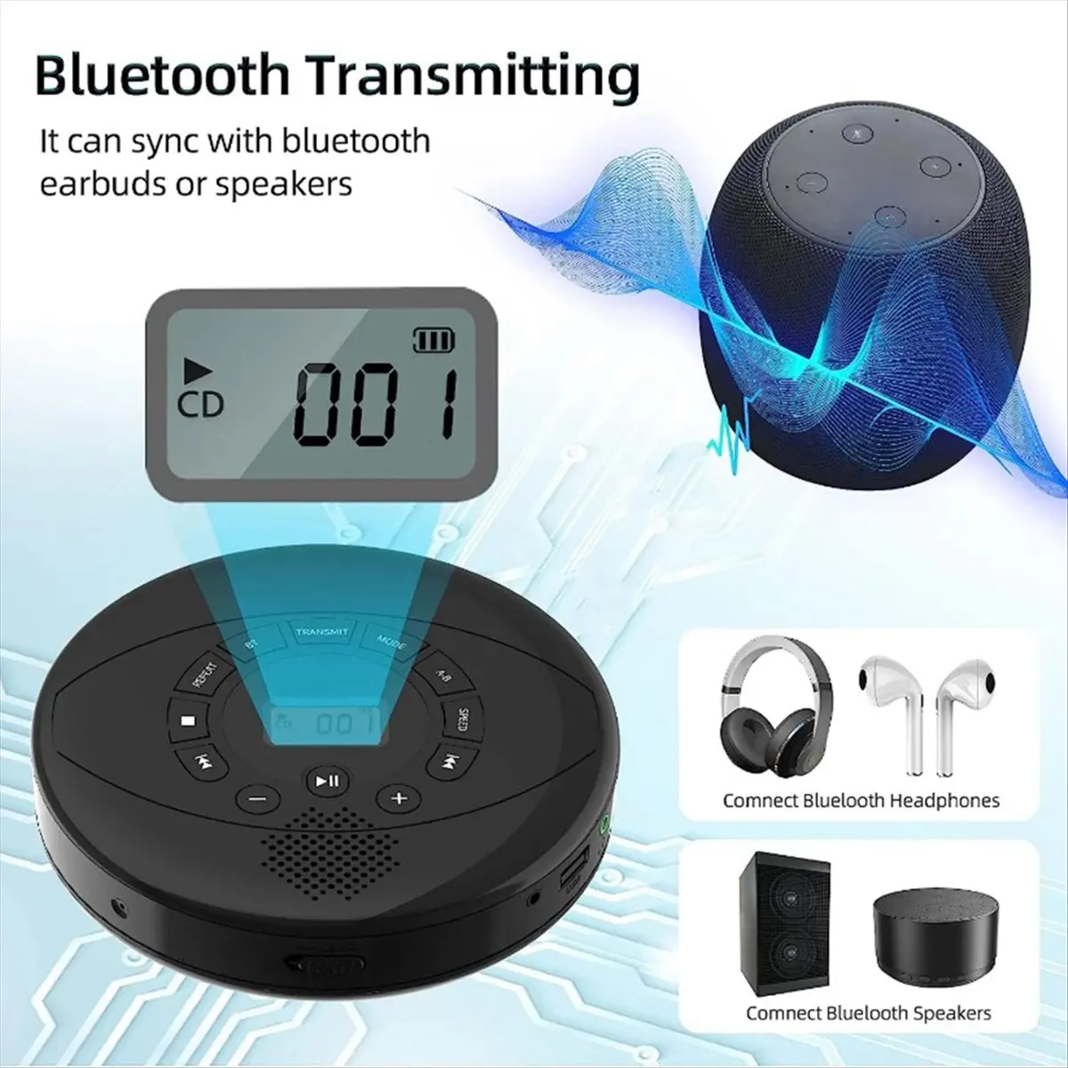 SCLS Portable CD Player Bluetooth CD Built-in Speaker Rechargeable CD Player with USB/AUX/Headphone Port