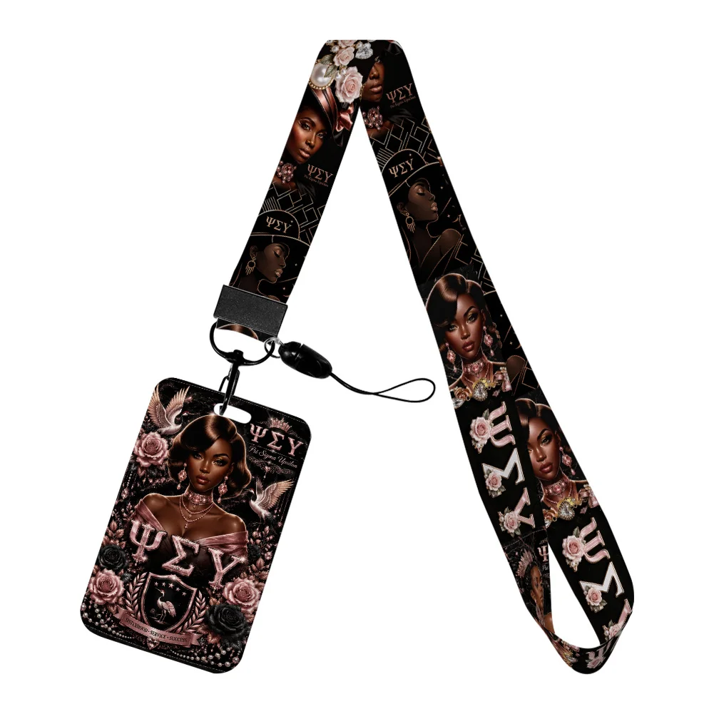 Fashion Sorority Psi Sigma Work Card Holder Work Access Name Badge with Keychains Student Id Card Lanyard Holder Accessories