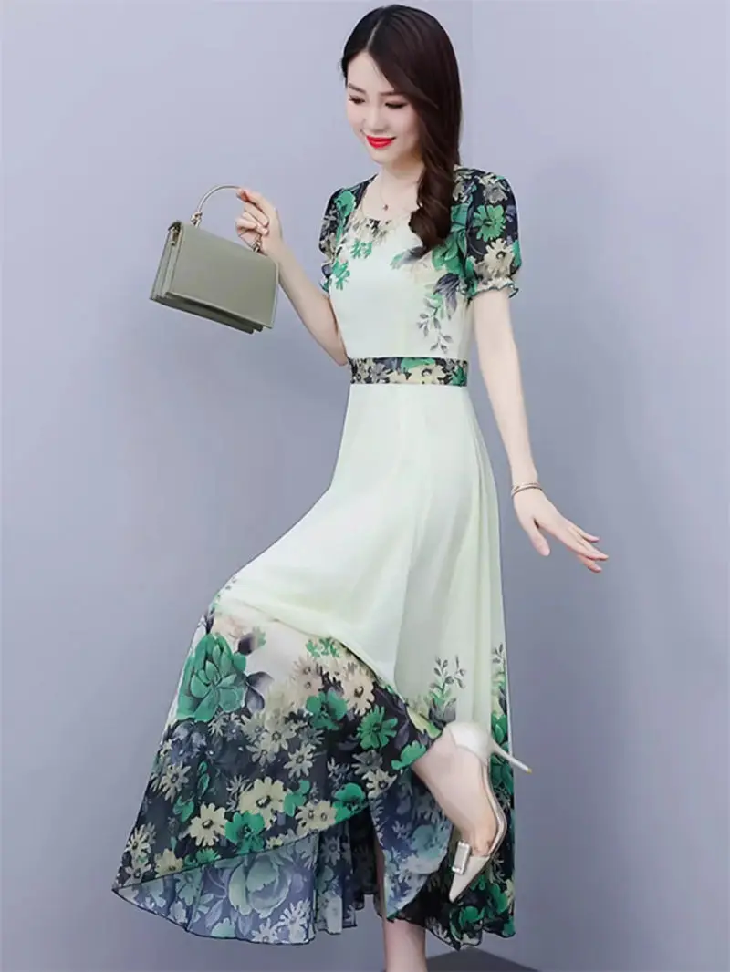 

High End Beach Long Dress Women Summer 2024 New Fashion Temperament Printed Short Sleeve Slim Elegant Chiffon Dress K932