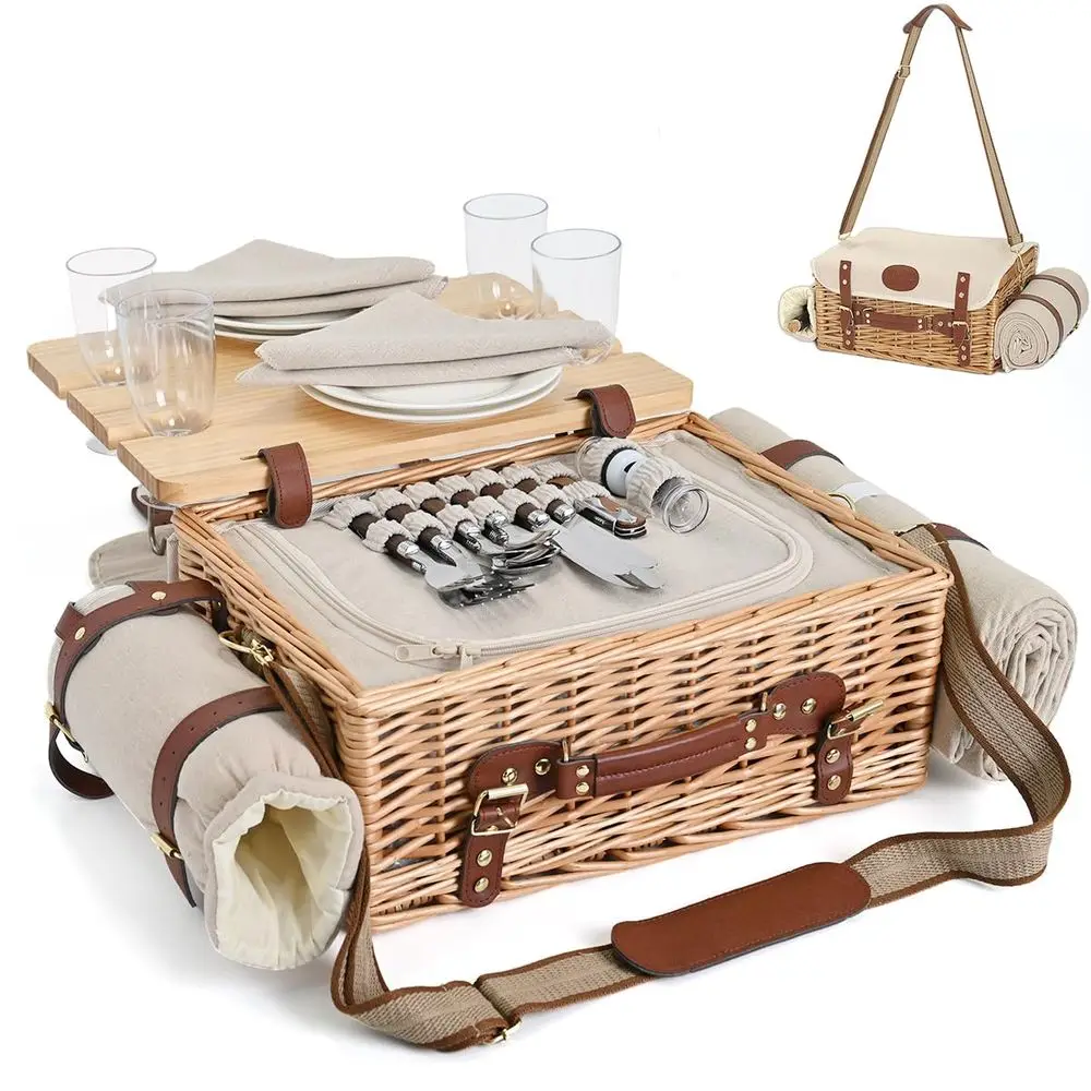 Wicker Picnic Basket Set for 4 with Blanket and Picnic Table, Insulated Picnic Set with Full Tablewares for Camping Outdoor Coup