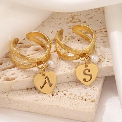 316L Stainless Steel Initial Letter Ring for Women 26 A-Z Letter Pearl Heart Pendant Open Rings Femme Jewelry