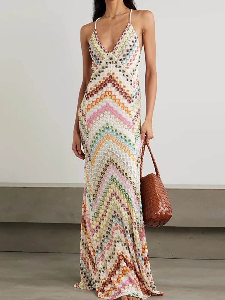 Retro Ärmelloses Frauen Urlaub Langes Kleid Sexy Tiefem V-ausschnitt Casual Party Kleid Streetwear Frühling Sommer Weibliche Boho Maxi Kleider