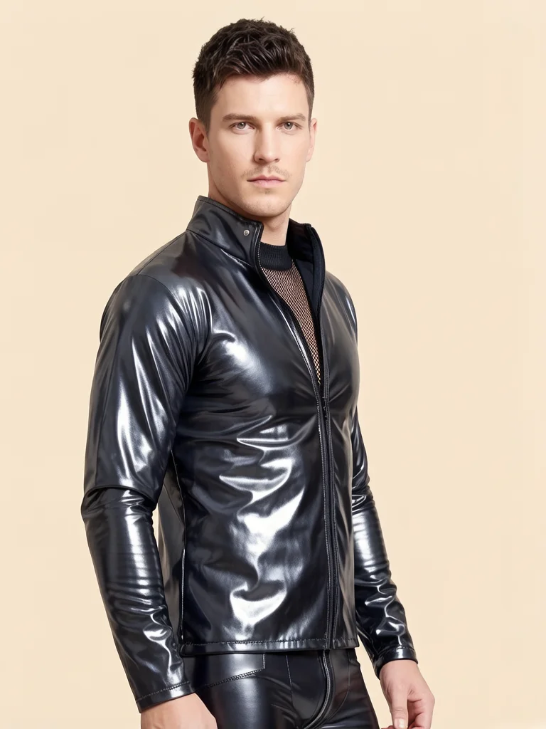 Fashion Latex Faux Leather Men's T-shirts Slimming PVC Shiny Tops Man Nightclub Satge Performance Long Sleeve Zipper Open Tshirt