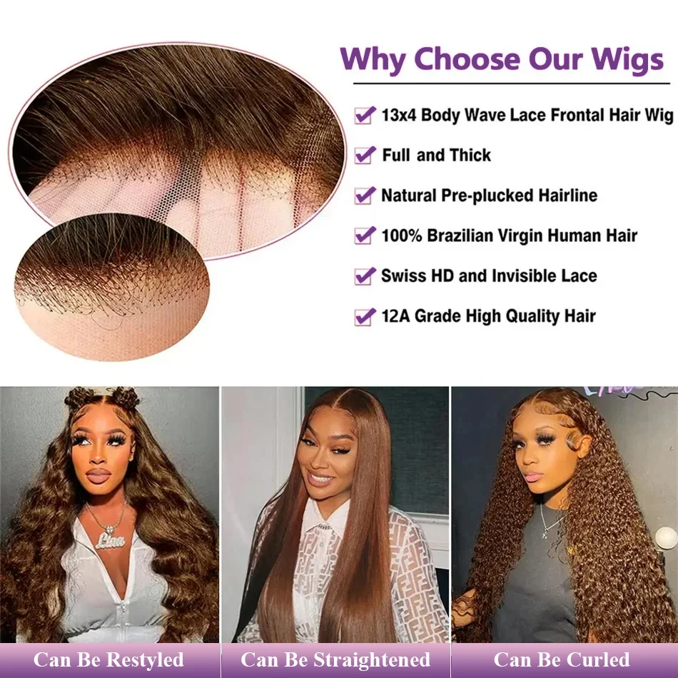 28 30 Inch Chocolate Brown 13x4 Lace Front Wig Brazilian Pre Plucked HD Transparent Lace Frontal Wigs Dark Brown Body Wave Wigs