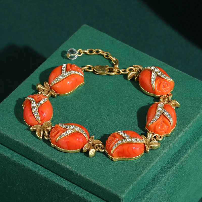 

Vintage Red Glass Charm Rose Bracelet Bohemian Style Design Jewelry Antique Gold Plated Accessories Mother's Day Gift 2026 Trend