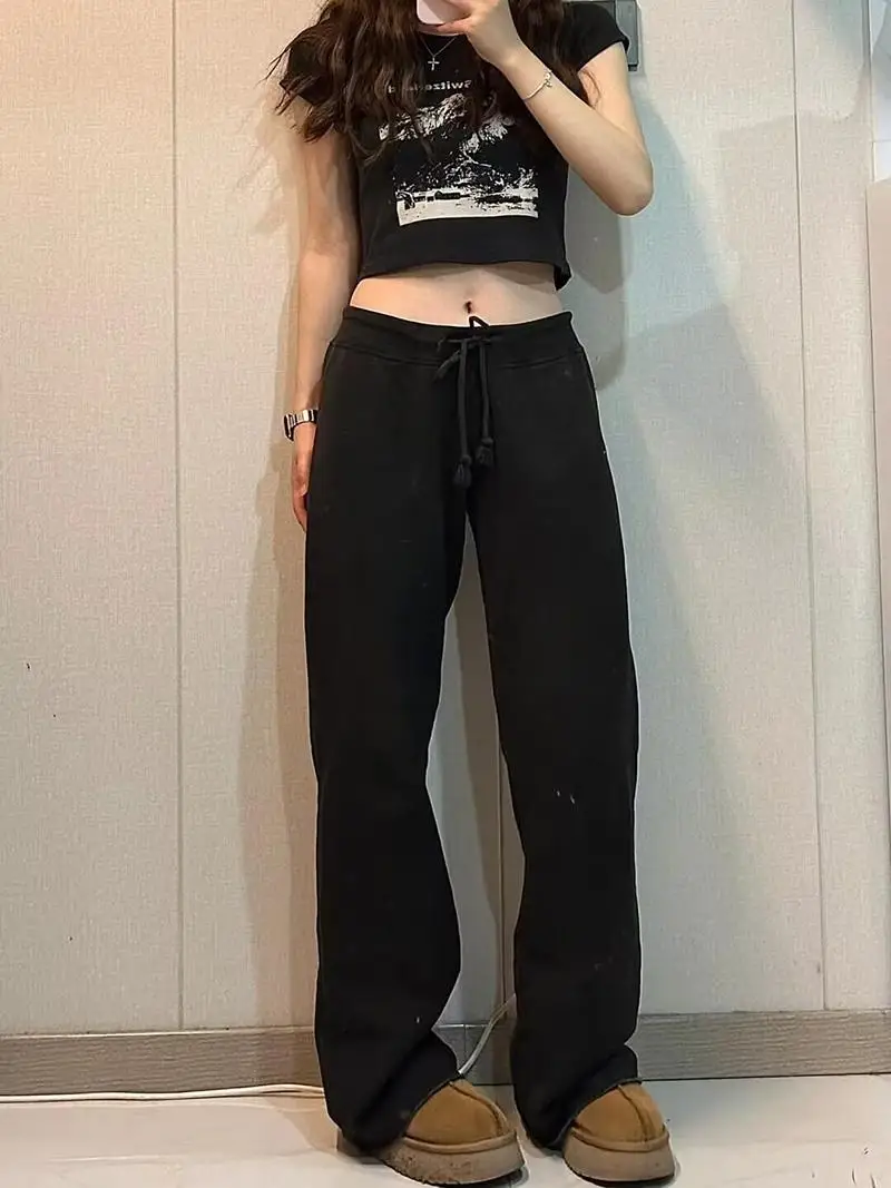 Bm site oficial novo americano retro puro algodão dstring perna reta calças casuais calças de perna larga das mulheres calças compridas