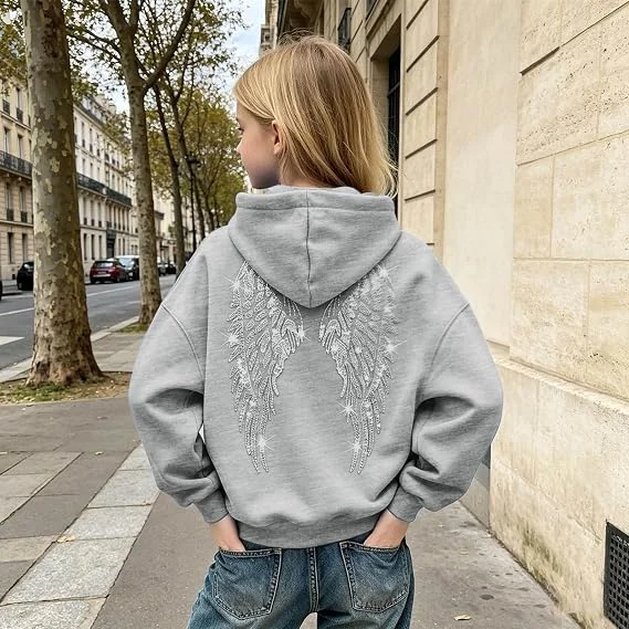 2026Girl's Angel Wings Water Diamond Printed Hoodie Casual Loose Hoodie Autumn Back to School Dressing