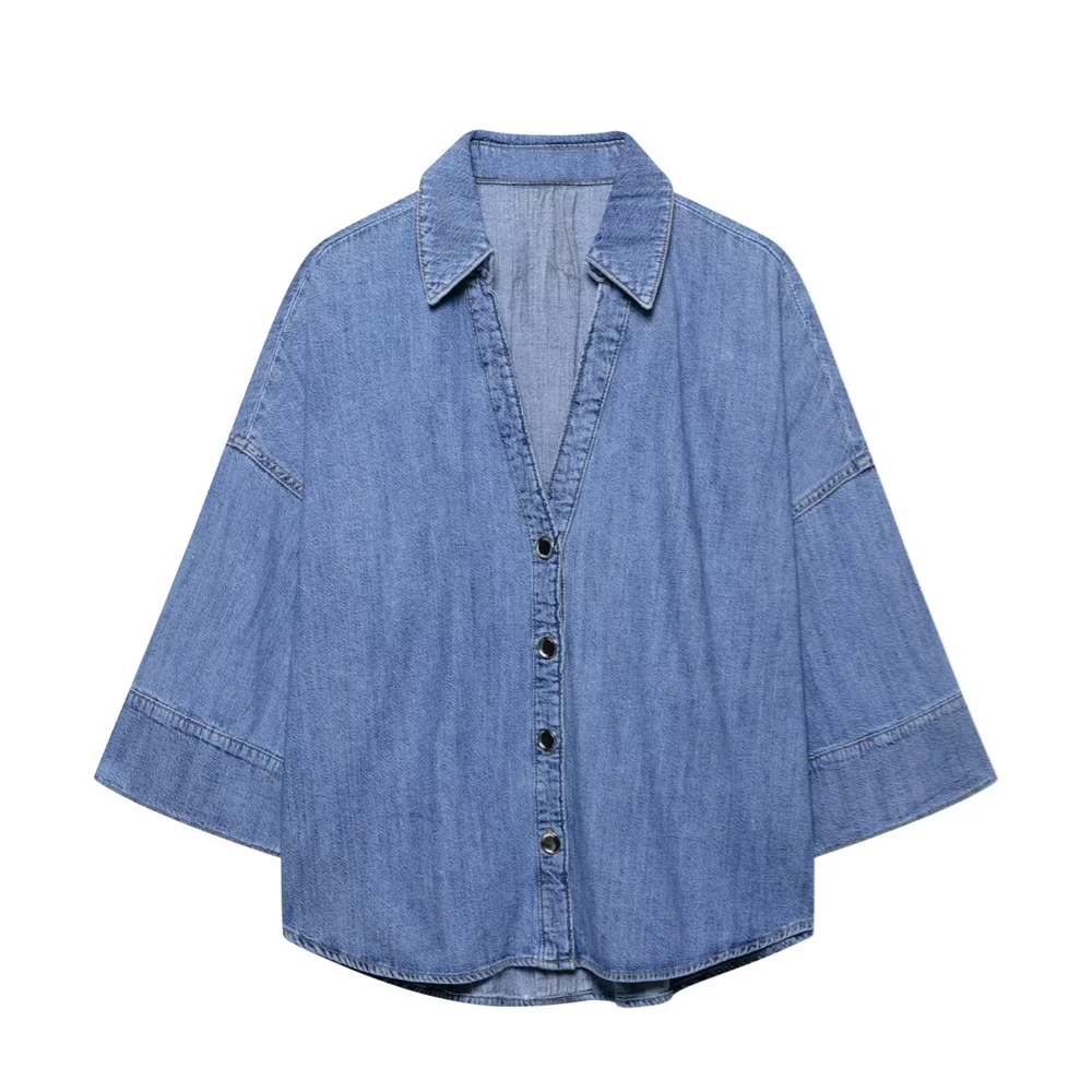 camicia di jeans casual semplice a maniche larghe da donna pantaloni a pieghe primavera ed estate nuovi abiti casual da donna