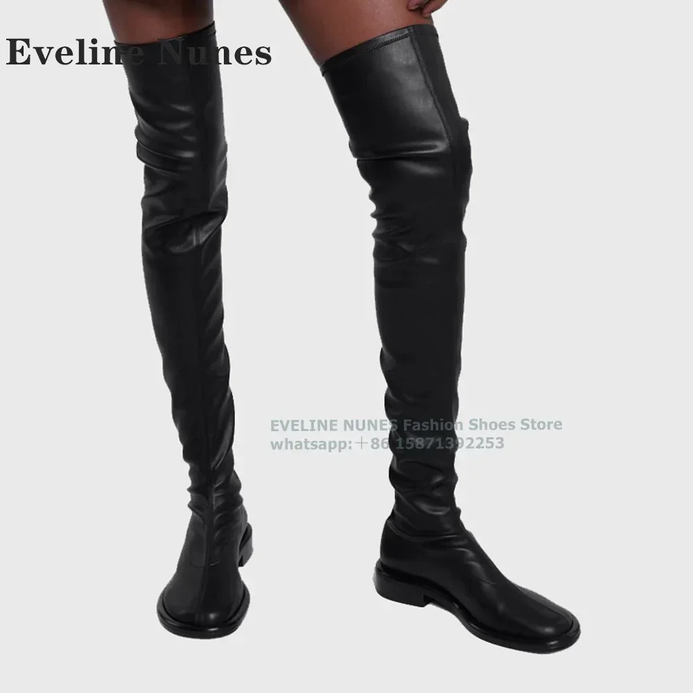 Round Toe Splicing Solid Elegant Women Trouser Boots Black Square Heel Over The Knee Boot Crafted In Sleek Plus Size 2024 Trend