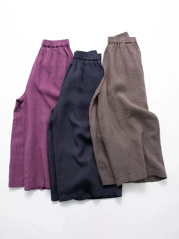 

64-100cm Elastic Waist / Spring Summer Women Good Quality Loose All-match Japan Style Comfy 9*9 Linen Wide Leg Trousers/Pants