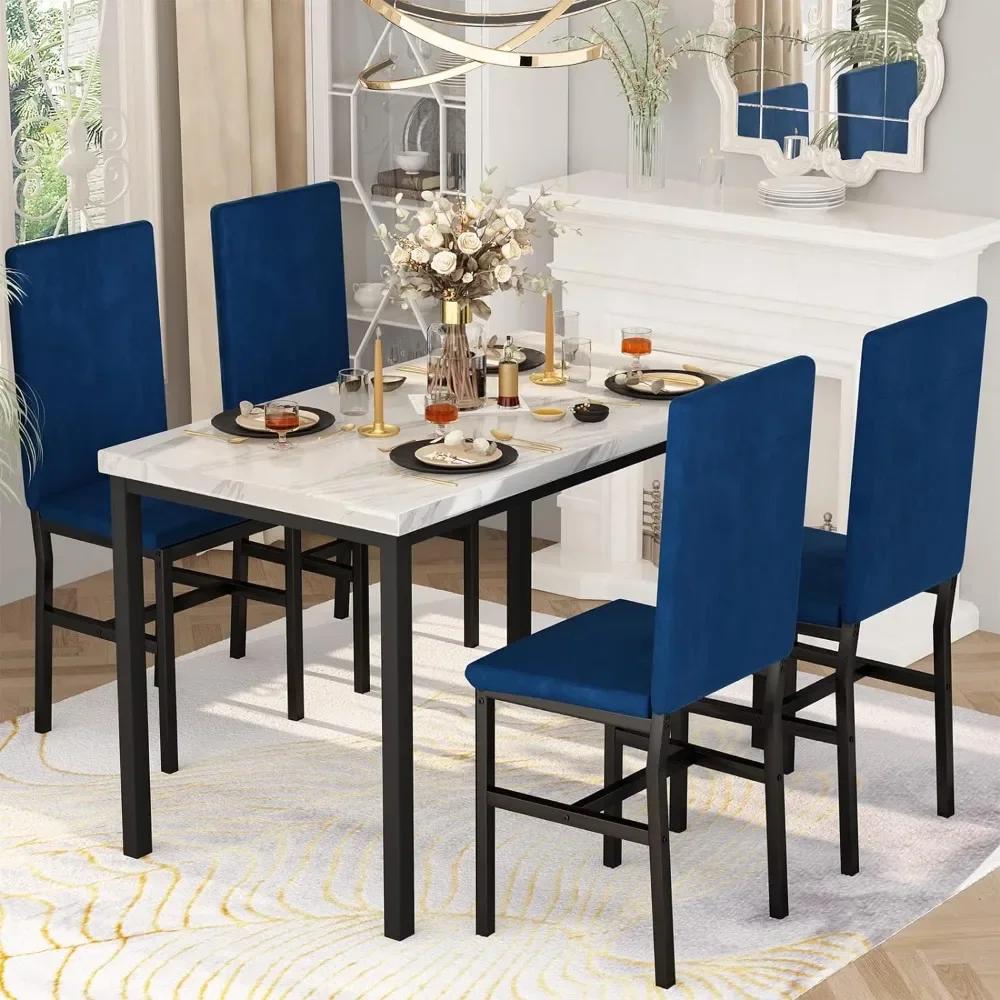 Dining Table Set for 4- Space and Chairs for 4 Modern Style Faux Marble Tabletop & 4 Blue Velvet Chairs for Dining Room