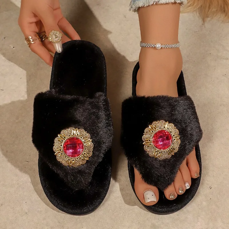 Winter Fashion Clip Toe Solid Soft Soled Women's Cotton Slippers 2026 New Rhinestone Decor Comfortable Warm Shoes for Women