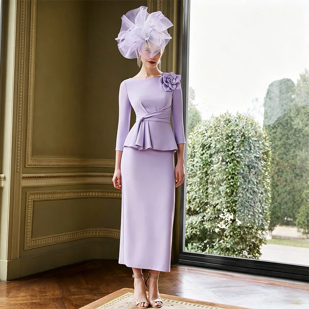 Customized Lavender Wedding Guest Dress Column 3/4 Sleeves Mother of the Bride Dress 2026 Tea Length Women's Formal Party Gowns