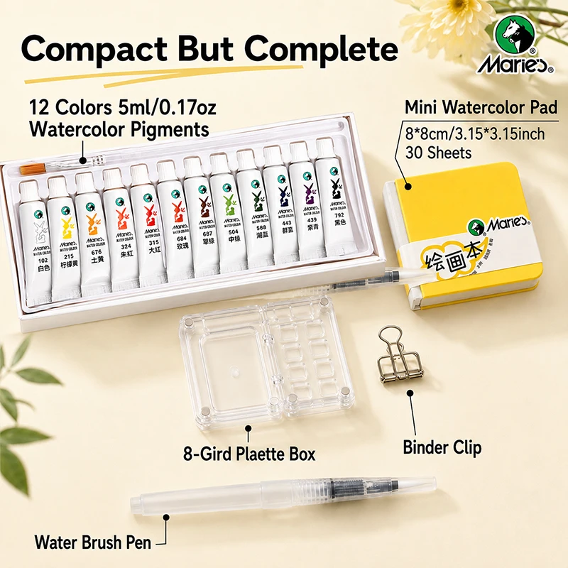 Maries 16pcs Portable Travel Watercolor Set,12 Colors 5ml/0.17oz Watercolor Paints with Yellow Mini Book,Palette,Binder Clip