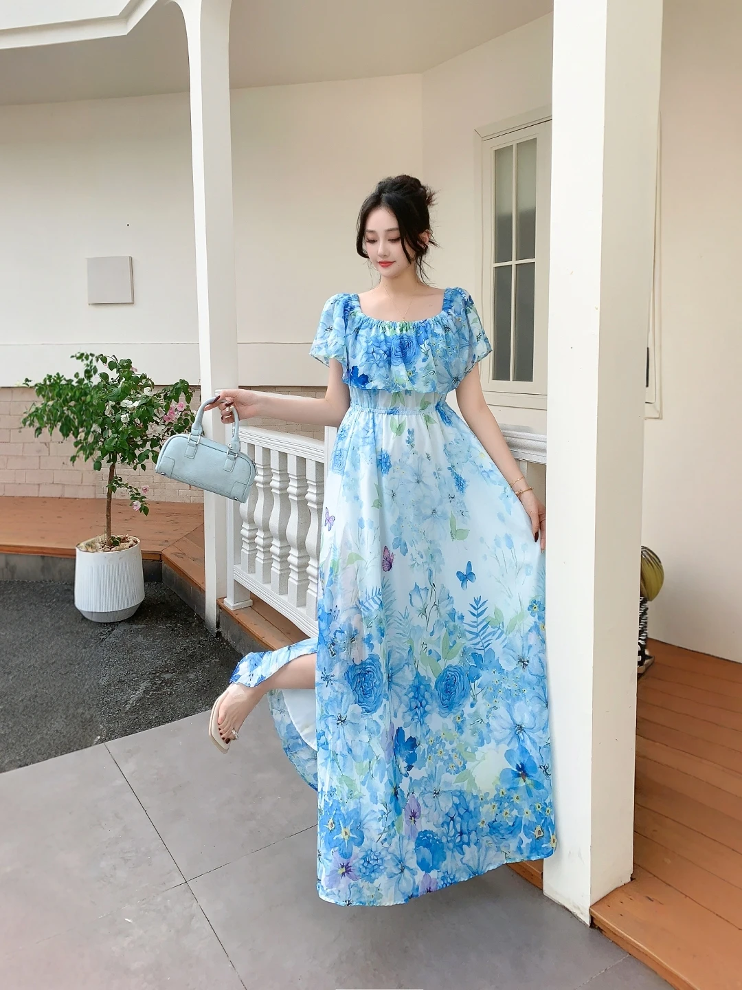 Vestido Largo Estampado Floral para Mujer Estilo Vacaciones en la Playa, Cuello Halter, Cintura Fruncida, Abertura Lateral, G...