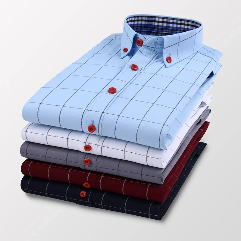 BROWON Spring Autumn Casual Oversize Button Up Shirt Men Long Sleeve Plaid Shirt Cotton Polyester Anti-wrinkle Business Clothing