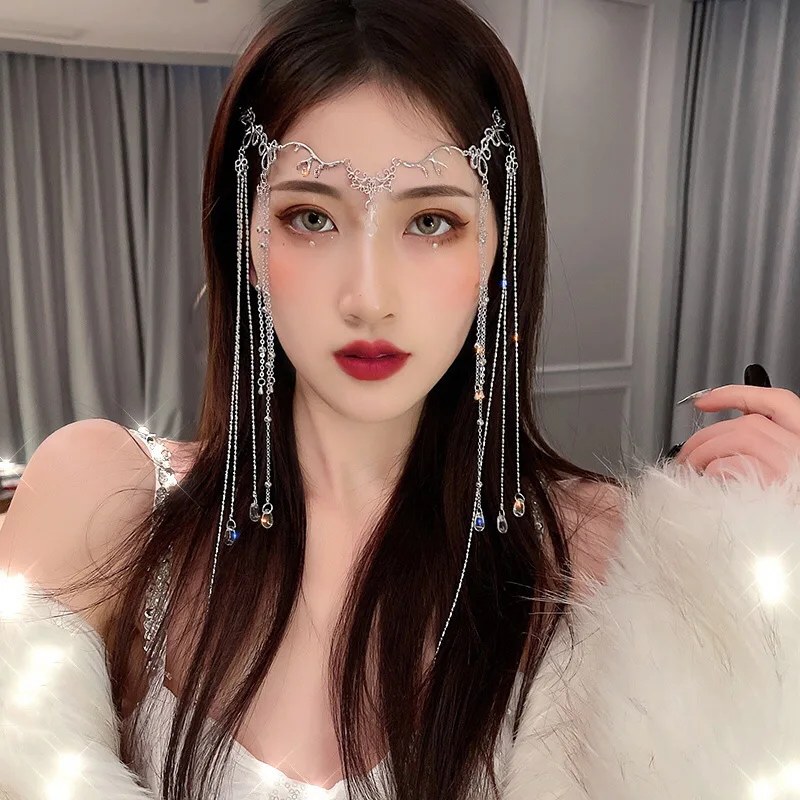 Elegant Korean style Shinning Rhinestones Long Tassel Hairwear Waterdrop Crystal HairBand Forehead Hair Accessories PartyJewelry