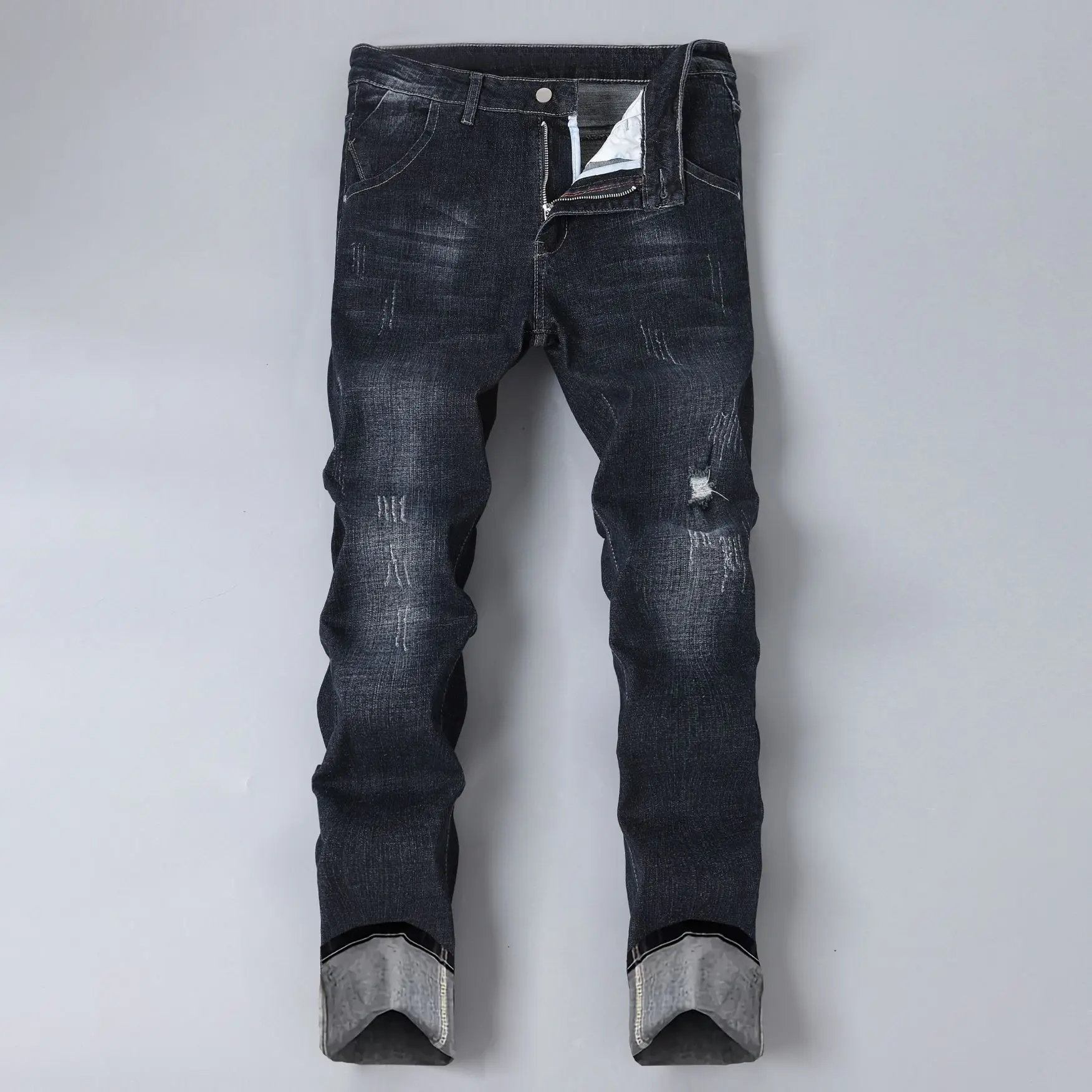 Spring and Autumn New European and American Men's Large Straight leg Jeans High Elasticity Washed Black Slimming Denim Pants