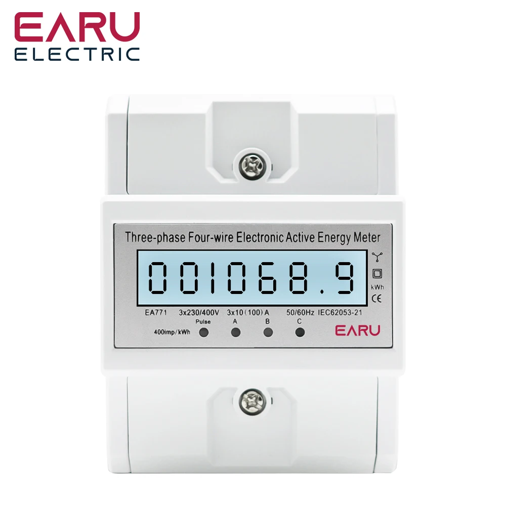 Din Rail AC 230 380V 3 Phase 4 Wire Energy Meter Power Consumption Monitor kWh Meter Wattmeter Bivolt 100A 50/60Hz LCD Backlight 